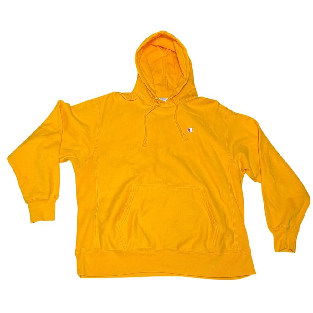 VTG Champion Reverse Weave Logo Hoodie Retro Yellow Sweatshirt Size Xtra Large